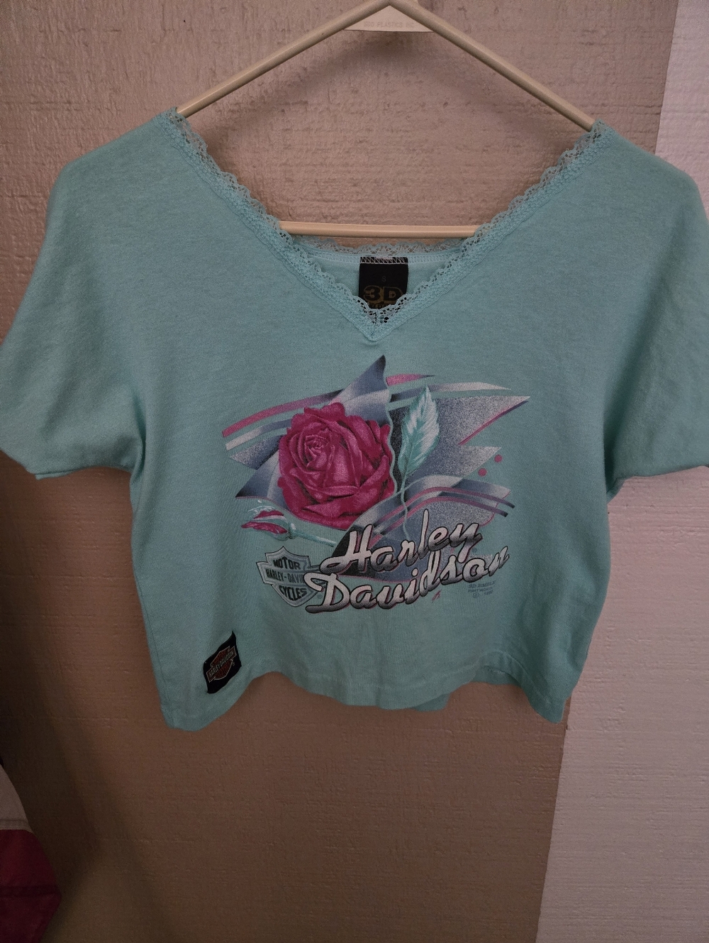Harley-Davidson Mint V-Neck Graphic Half Tee with Pink Rose